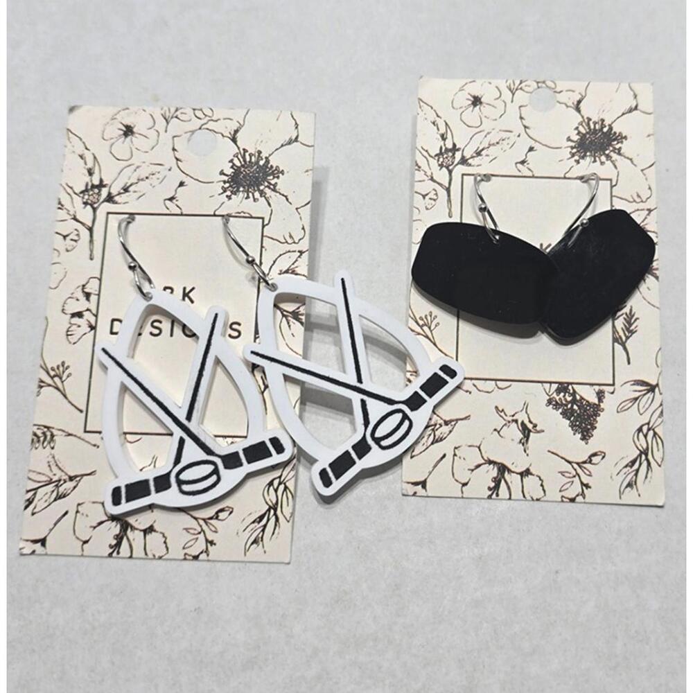 BK Designs: Vinyl Earrings: 2 Pair: Hockey Sticks & Puck: Home/Handmade: New
